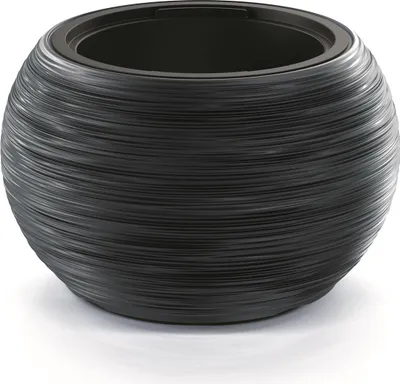 A dark gray, spherical planter with a textured, ribbed surface sits on a white background.