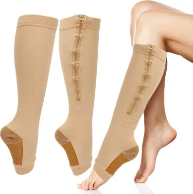 Obrázok produktu pre Kompresné ponožky so zipsom – mäkké, nylonové, prateľné, opakovane použiteľné, s otvorenou špičkou, tvarujúce nohy, pre ženy, v telovej farbe, veľkosti L/XL