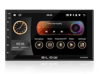 A car stereo system with a touchscreen display showing the time, date, and music playback controls.