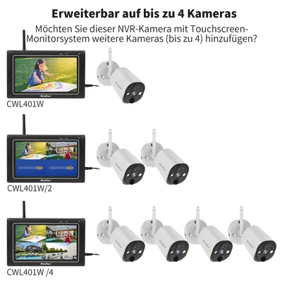 Produktbild von Überwachungskamera-Set – 7-Zoll-Touchscreen – 2K-Auflösung – Kabellos – Für den Außenbereich