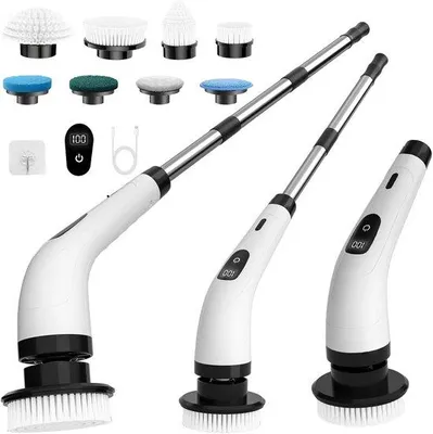 Imagen del producto de Cepillo de limpieza eléctrico – Lijadora de acero con 2 niveles de velocidad – 8 boquillas – para baños, cocinas, cristales, automóviles, lavabos y más – Blanco
