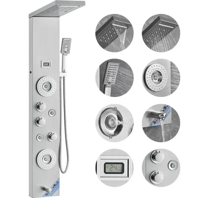 Immagine prodotto di Sistema di pannelli doccia - 6 modalità di doccia LED e display Torre del pannello doccia - cascata a pioggia 4 getti massaggianti per il corpo doccetta da bagno - tubo flessibile da 59 pollici - set doccia a parete