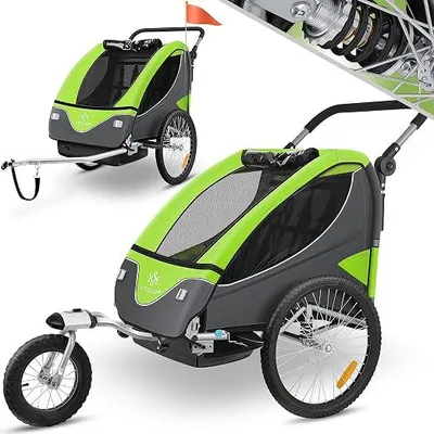 Produktbild von Kinderanhänger Fahrradanhänger 360° Drehbar mit Federung 2in1 Joggerfunktion Kinderfahrradanhänger + 5-Punkt Gurt Jogger Fahrrad Anhänger für 1 bis 2 Kinder max. 40kg Inkl. Warnfahne Hellgrün
