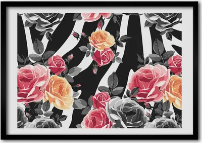 Produktbild von Bild - Bilder - Bilderrahmen - 70 cm x 50 cm - MDF-Rahmen, Wandkunst Rosen im Hintergrund eines Zebra