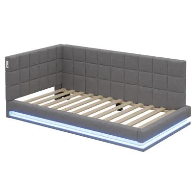 Produktbild von okwish Modernes Schlafsofas 90x200 Jugendbett mit LED-Beleuchtung und USB-Anschluss,Gästebett ohne Matratze mit Lattenrost,Grau