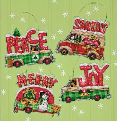 Productafbeelding van Afmetingen: Kreuzstich-borduurpakket "Kerstboomornamenten met vrachtwagenmotieven, 4 stuks", telpatroon, 13x10 cm
