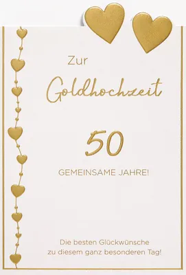 Produktbild von 50. Hochzeitstag Goldhochzeit unverpackte Glückwunschkarte mit Umschlag Goldherzen 50 gemeinsame Jahre