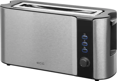 A silver and black toaster is shown from a side angle against a white background.