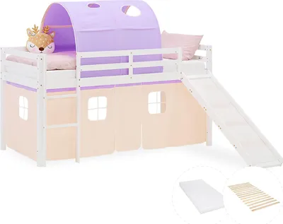 Image de Lit superposé 90x200 cm avec Matelas Toboggan Lit mezzanine en Bois Pin Massif Lit d'enfant Rideau Tunnel Violet Pêche