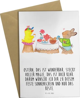 Produktbild von Mr. & Mrs. Panda Glückwunschkarte Ostern Frühstück - Weiß - Geschenk, einladungskarten, weihnachtskarten, Picknick, genesungskarte, Grußkarten, Hase, hochzeitskarten