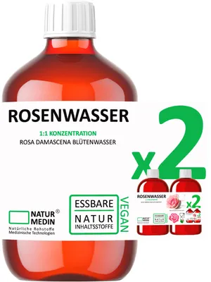 Produktbild von 1.000-ml ( 2 x 500-ml ) ROSENWASSER HYPOALLERGEN. Haut & Haar. ESSBAR. 100% naturrein. NATURMEDIN®