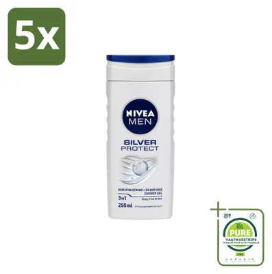 Immagine prodotto di 5 confezioni di gel doccia Nivea Men Silver Protect 3-in-1, da 250 ml ciascuna - confezione grande - 5 pezzi