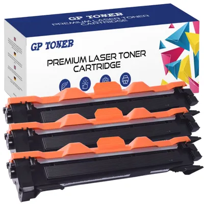 A product shot of multiple toner cartridges stacked and a box of toner cartridges behind them.
