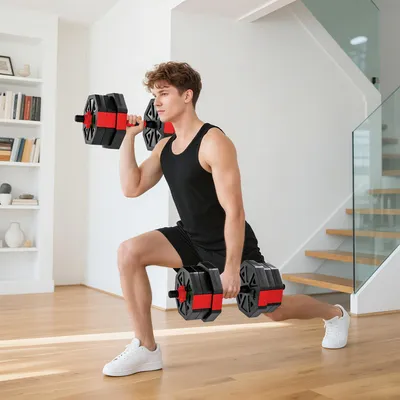 Produktbild von Hantelset 6-in-1 verstellbar, Kurzhantel Langhantel Kettlebell Liegestützgriff, Kunststoff Rot | 20 kg | 100 x 18 x 18 cm | sandgefüllte Scheiben