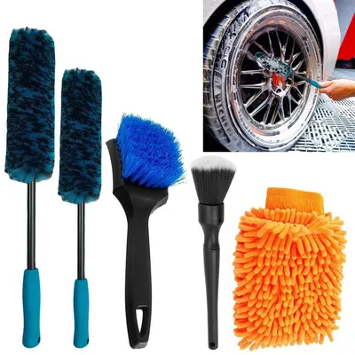 Immagine prodotto di Kit di pulizia per auto, 5 pezzi, per interni ed esterni, con spazzola per cerchi, spazzola in microfibra e guanto da lavaggio