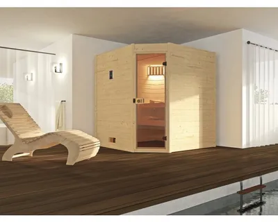 Obrázek produktu pro Finská sauna z masivního dřeva Weka Valida rohová GT vč. 7,5kW kamen a digitálního ovládání bez oken s celoskleněnými dveřmi z čirého skla