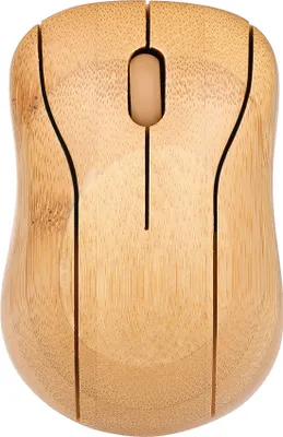 A top-down view of a bamboo computer mouse against a white background.