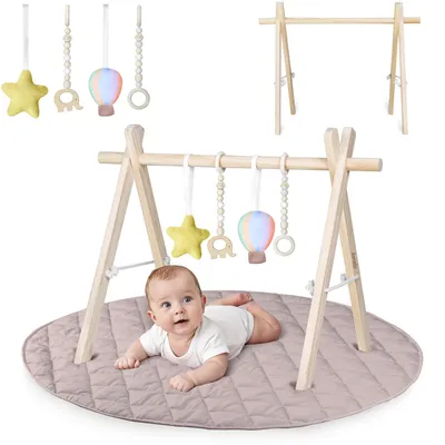 Produktbild von Lionelo Anis Set Baby-Gym aus Holz mit Matte – klappbar, Montessori Spielbogen ab Geburt (0+), 4 Spielzeuge