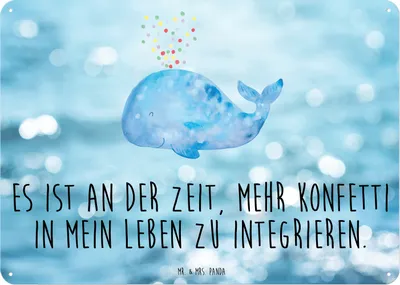 Produktbild von Mr. & Mrs. Panda Schild Wal Konfetti DIN A3 - Oceanblue - Geschenk, Wandbild, Abnehmen, Motivation, Türschild, Diät, tafel, Geburtstag, Wale, Meer, Metallbild
