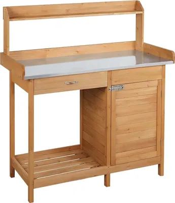 Produktbild von Gärtnertisch 112 X 46,5 X 125 Cm Pflanztisch Mit Verzinkter Arbeitsplatte Schublade Unterschrank, Garten Arbeitstisch Aus Holz, Blumentisch Hellbraun – Hellbraun