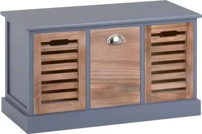 A storage bench with three drawers, two with slatted doors and one with a wooden drawer front and a metal handle.