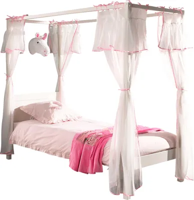 Image de Lit à baldaquin nostalgique 90 x 200 cm, avec sommier à lattes et tringles de ciel, y compris set textile romantique, couleur blanche