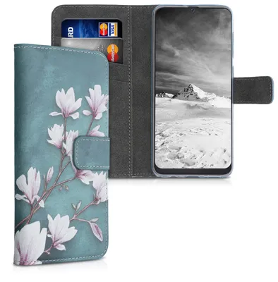Produktbild von kwmobile Wallet Case kompatibel mit Samsung Galaxy A50 Hülle - Cover mit Ständer und Kartenfächern - Magnolien Taupe Weiß Blaugrau