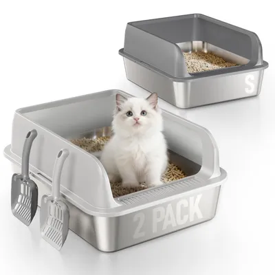 Image de 2 litières pour chats en acier inoxydable, avec pelle, faciles à nettoyer