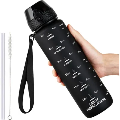 Produktbild von Sport Trinkflasche 1000 ml Schwarz BPA-frei Tritan Auslaufsicher mit Zeitmarkierung und Trageriemen