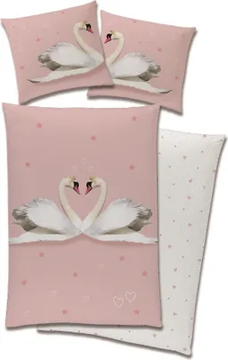 Produktbild von Flanell Bettwäsche Set 2tlg. | 135 x 200 cm 80 x 80 cm | 100% Baumwolle mit Reißverschluss | Rosa Mädchen-Bettwäsche verliebte Schwäne