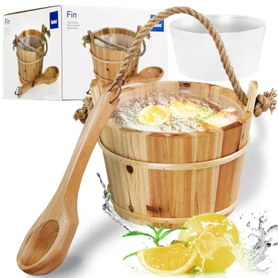 Zdjęcie produktu dla Wiaderko do sauny, średnica 21 cm, z drewnianą łopatką, pojemność 4 litry, akcesoria do sauny