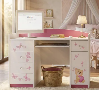 Obrázok produktu pre Happy Babies počítačový stôl s výsuvom na klávesnicu, kancelársky stôl s výsuvom na klávesnicu, 5 zásuviek, 1 polica, 125x89x60, motívy, nálepky na výber, deti