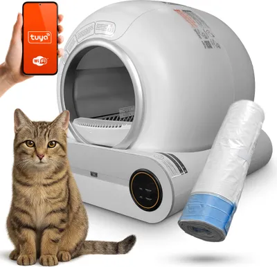 A cat sits in front of an automatic cat litter box, with a smartphone showing the Tuya app in the background.