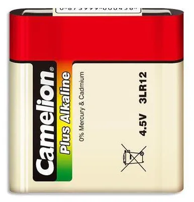 A product shot of a Camelion Plus Alkaline 4.5V, Type 3LR12 flat battery.