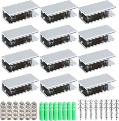 Zdjęcie produktu dla Uchwyty szklane aluminiowe, 12 sztuk, do montażu szkła, do szkła o grubości 6-8 mm, z wkrętami do montażu półek łazienkowych
