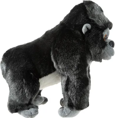 A plush toy gorilla is shown from the side against a white background.