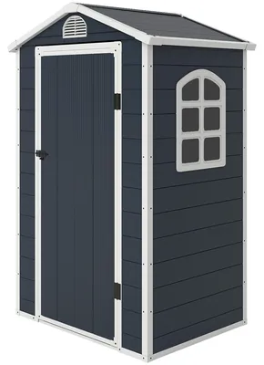 Productafbeelding van Kunststof tuinhuis met zadeldak, tuinhuisje, afsluitbaar, donkergrijs | 134 x 104 x 204 cm | Met raam en ventilatie | Weerbestendig