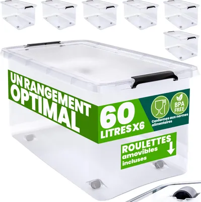 Image de DEUBA® 6x Boîte de rangement 60L en plastique transparent empilable sans BPA gain de place caisse de rangement roulettes