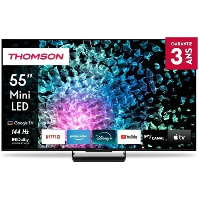 Produktbild von Thomson Q70 Series Smart MiniLED TV 55; Google TV; 3840 x 2160 (4K UHD), 1500000:1, LED, 144 Hz, DVB-T/T2/C/S/S2, HDR10, Wi-Fi, Bluetooth, LAN, HDMI 4 (2.1), USB 2 (2.0) + 1 (3.0), Central Stand, Black, 139,7 cm (55"), 3840 x 2160 Pixel, QD-Mini LED, Smart-TV, WLAN, Schwarz