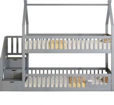 Zdjęcie produktu dla Łóżko piętrowe dla dzieci o wymiarach 90 x 200 cm, wykonane z litego drewna, z daszkiem, bezpiecznymi schodkami i szufladami do przechowywania, łóżko pojedyncze z miejscem do przechowywania