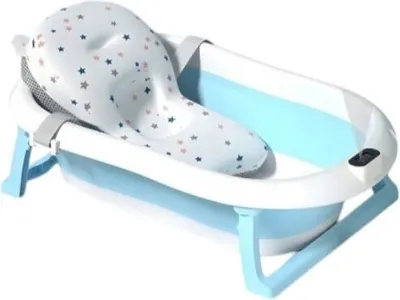 Produktbild von Valle Verde Baby Badewanne Babywanne Kinderbadewanne Mit Thermometer Badekissen Anti-Rutsch Faltbar Platzsparend 0-2 Jahre (Blau)