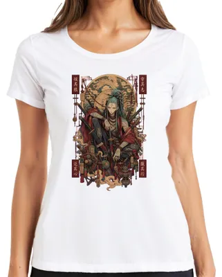 Produktbild von Samurai Ronin Katana Drache Japan Krieger Anime Tattoo Y2K Manga Damen T-Shirt, Weiß, M