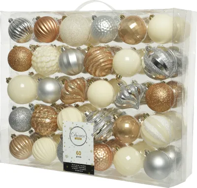 Produktbild von Weihnachtskugeln Kunststoff 6-7cm 60er Set - Silber Wollweiß Karamel