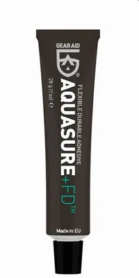 A tube of Gear Aid Aquasure+FD adhesive on a white background.