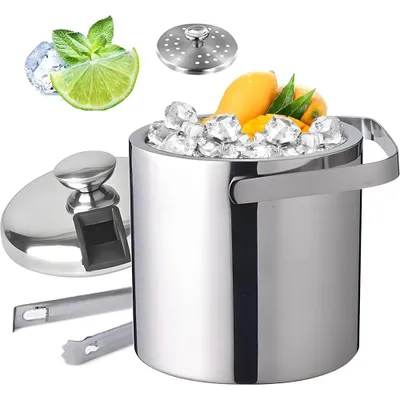 Produktbild von Eiseimer aus Edelstahl mit Deckel & Zange Eiswürfelbehälter Eisbehälter Serviereimer Doppelwandig 1.3 L Silber für Sekt Cocktailbar Parties & Outdoor