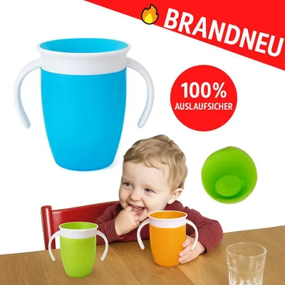 Zdjęcie produktu dla Kubek niekapek dla niemowląt 360° z uchwytami i niebieską pokrywką