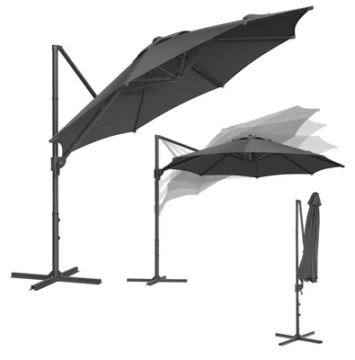 Produktbild von Garten Ampelschirm - Freiarmschirm 300 cm - UPF 50+ - 360° drehbar - Stufenlos neigbar - Kurbelbedienung - Kreuzfuß - Grau