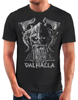 Produktbild von Herren T-Shirt Bedruckt Valhalla Wikinger Odin Wotan Axt Print Muskelshirt Muscle Shirt Fashion Streetstyle Neverless® schwarz L