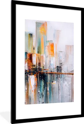 Produktbild von MuchoWow® Gerahmtes Poster Ölgemälde - Skyline - Abstrakt 60x90 cm - Poster mit Schwarzem Bilderrahmen Wandposter Rahmen Foto Bilder - Dekoration - Wandposter Wohnzimmer - Hochwertig