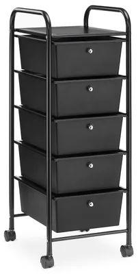 Produktbild von Rollcontainer GINA, schwarz - Rollwagen mit 5 Schubladen, lackiertes Metallgestell auf Rollen, Friseurwagen, Badezimmerschrank, Kosmetik Aufbewahrung